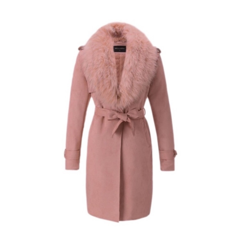 Soft Pink Suede Trench Coat Cardigan W/ Removable Faux Fur Collar
